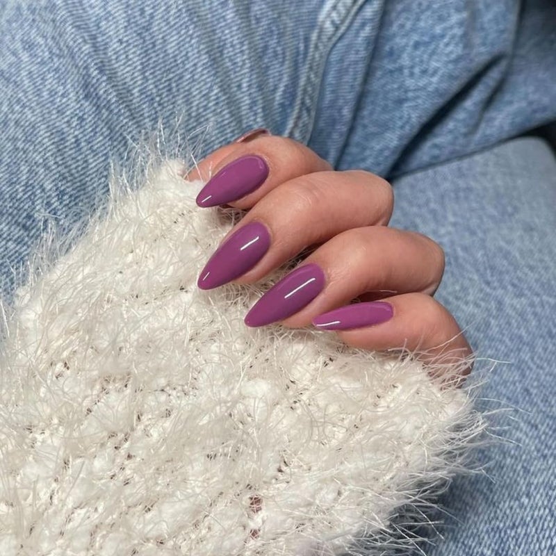 KQueenest 48 Pcs Almond Press on Nails Medium Length, Glossy Plum Purple Nails Press on, Solid Color Medium Fake Nails Acrylic Full Cover Stiletto Glue on Nails for Women Daily Wear - Image 3